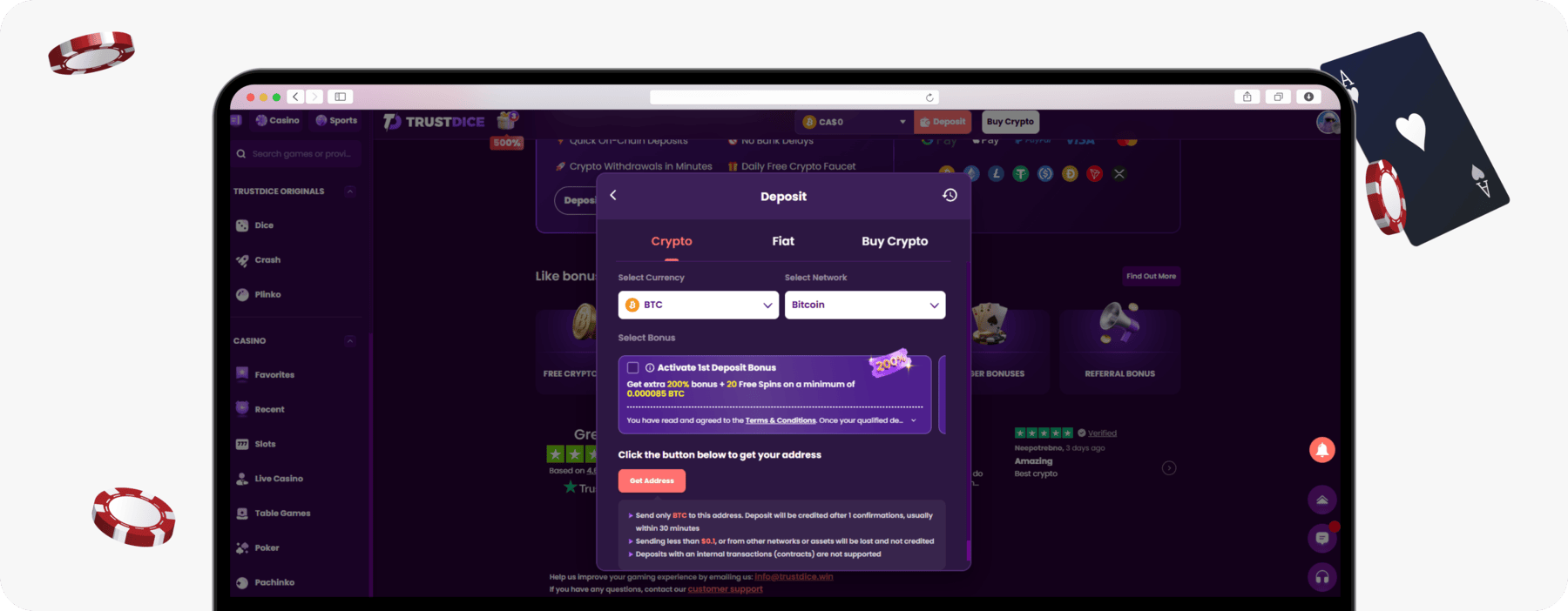 screenshot of trustdice crypto deposit window