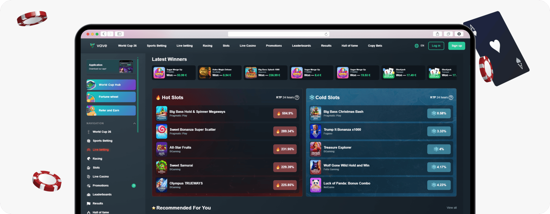 screenshot of vave casino slots selection