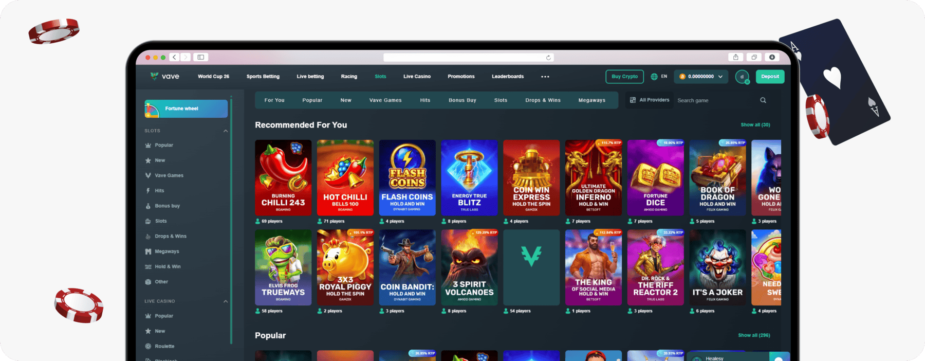 screenshot of vave recommended slot games