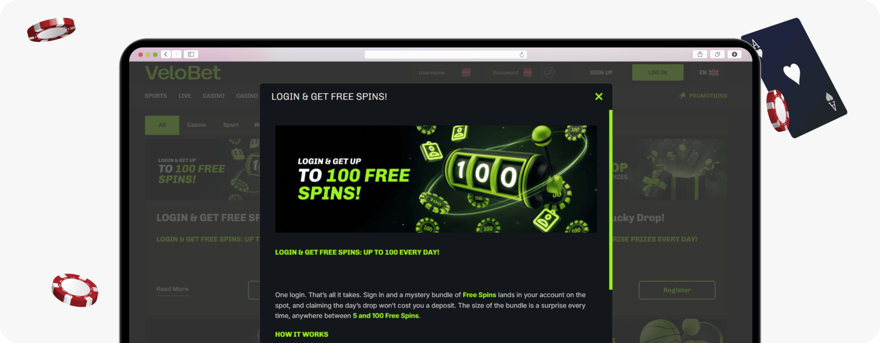 screenshot of velobet 100 free spins offer