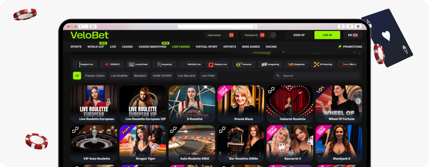 screenshot of velobet live casino games