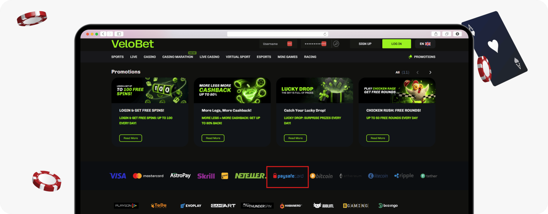 screenshot of velobet payment methods including paysafecard