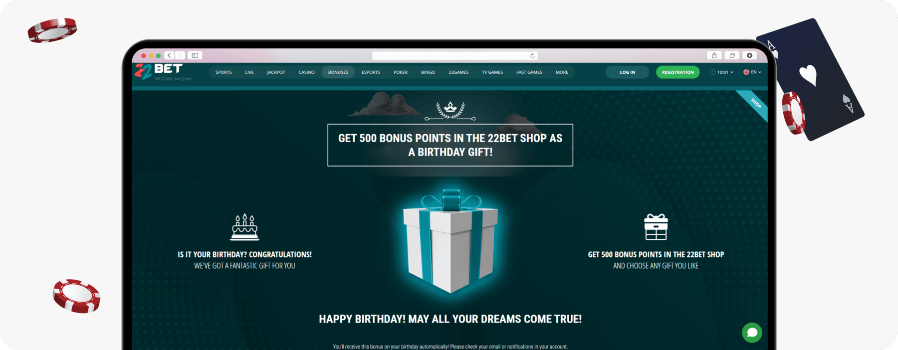 screenshot of 22bet birthday bonus