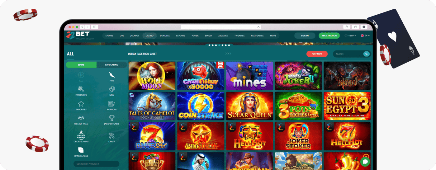 screenshot of 22bet casino slot game library