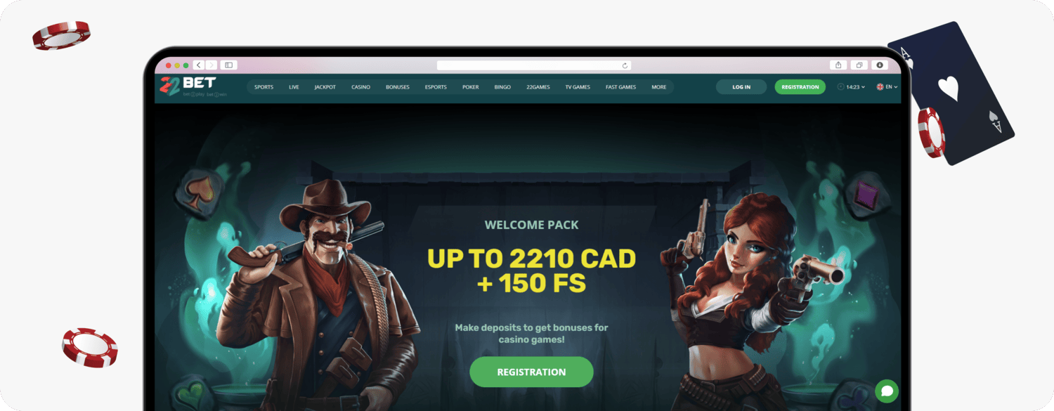 screenshot of 22bet casino welcome pack