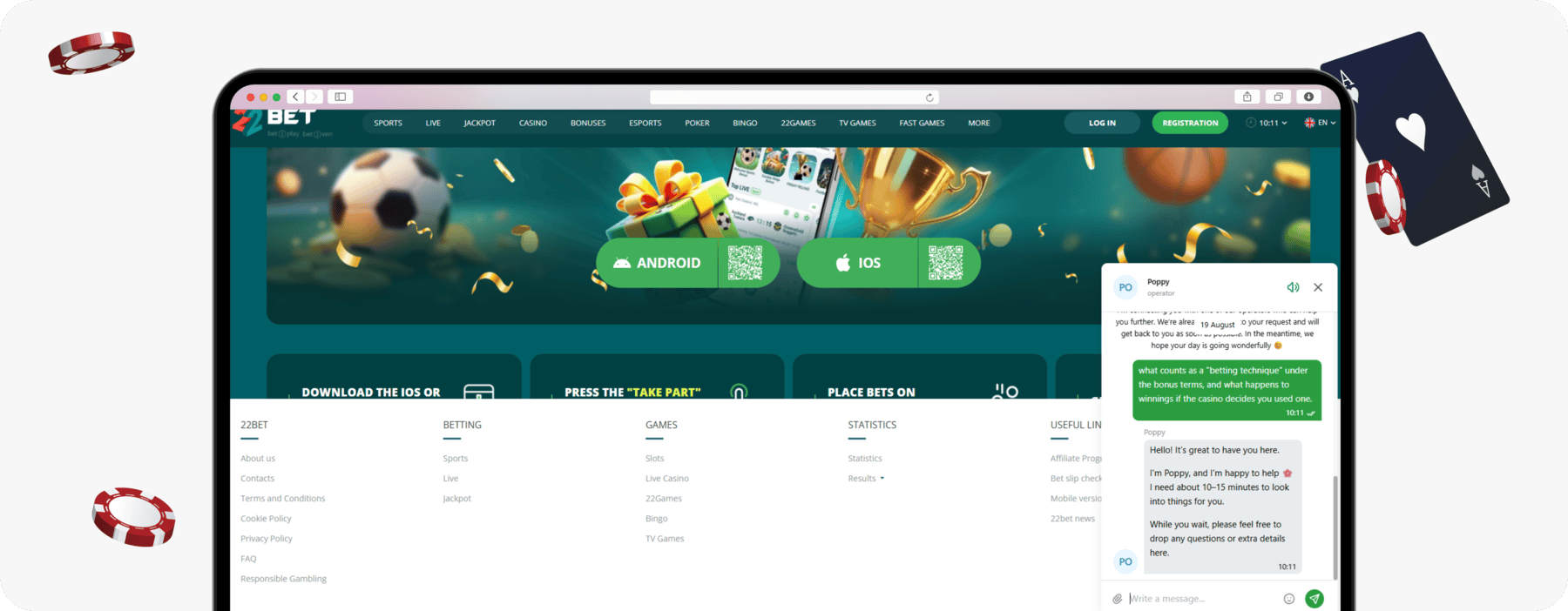 screenshot of 22bet customer support live chat