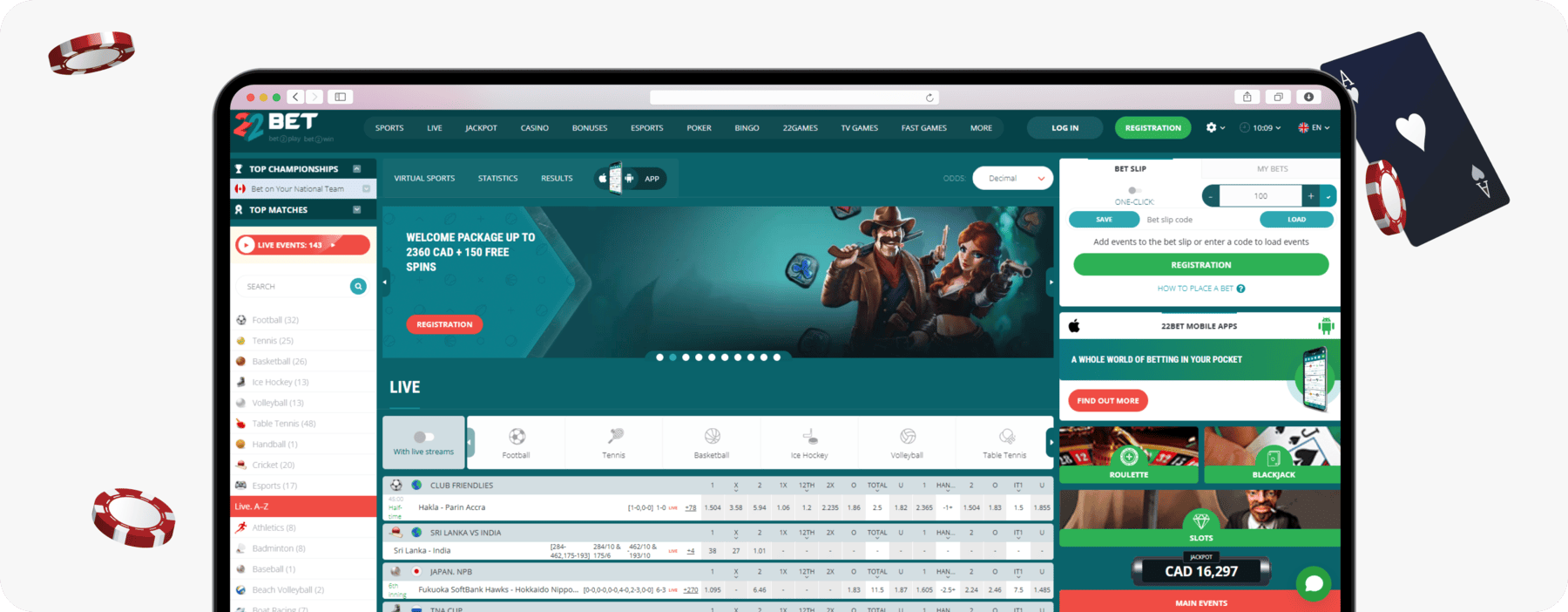 screenshot of 22bet homepage