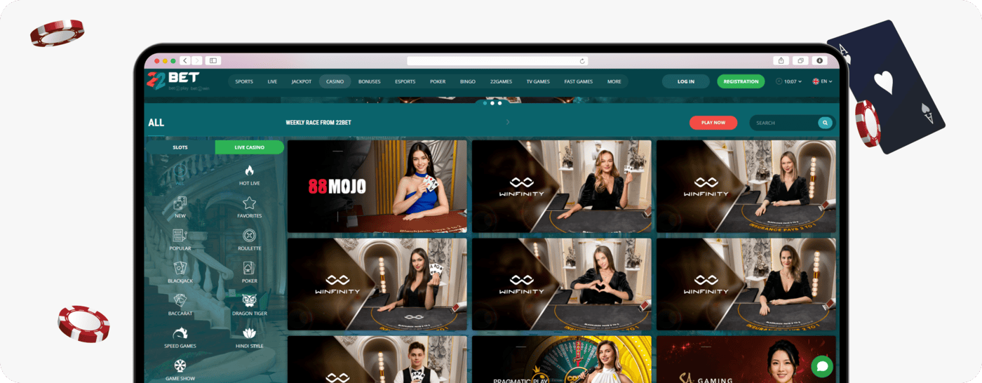 screenshot of 22bet live casino game library