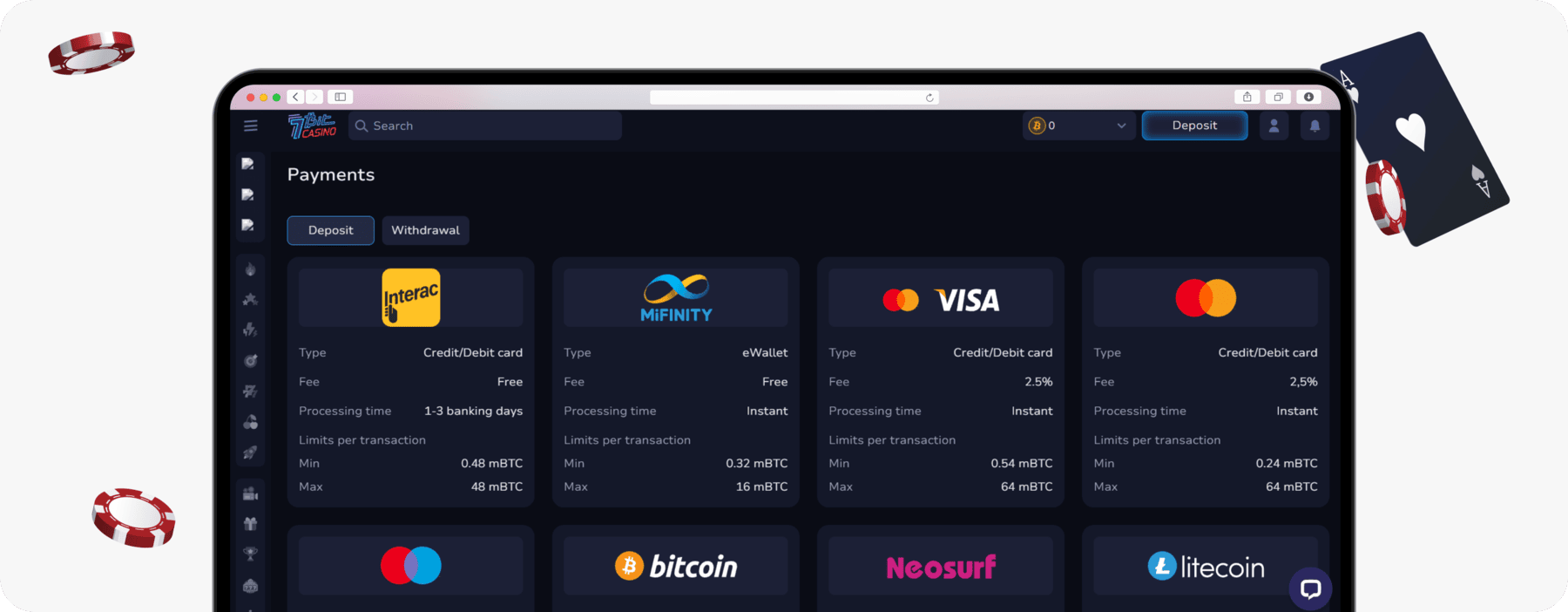 screenshot of 7bit casino payment methods page