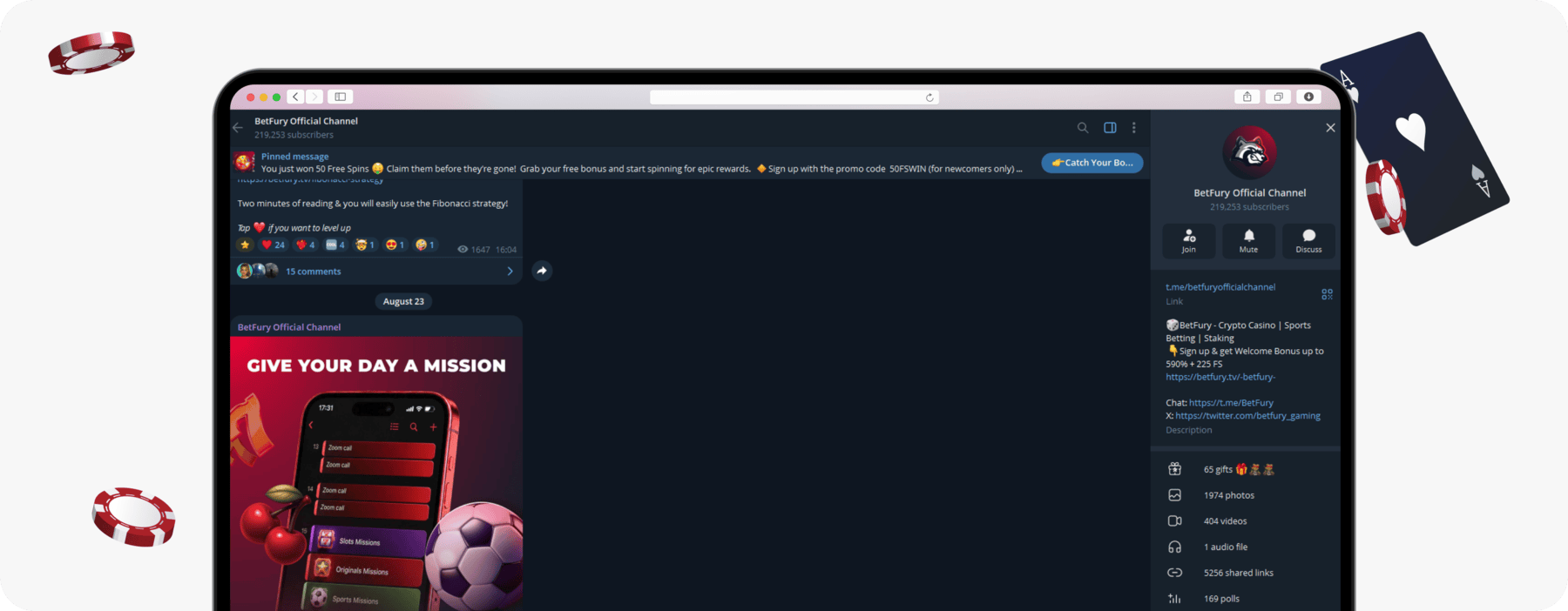screenshot of betfury telegram channel