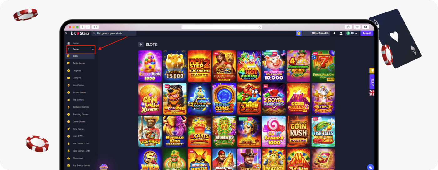 screenshot of bitstarz slots library