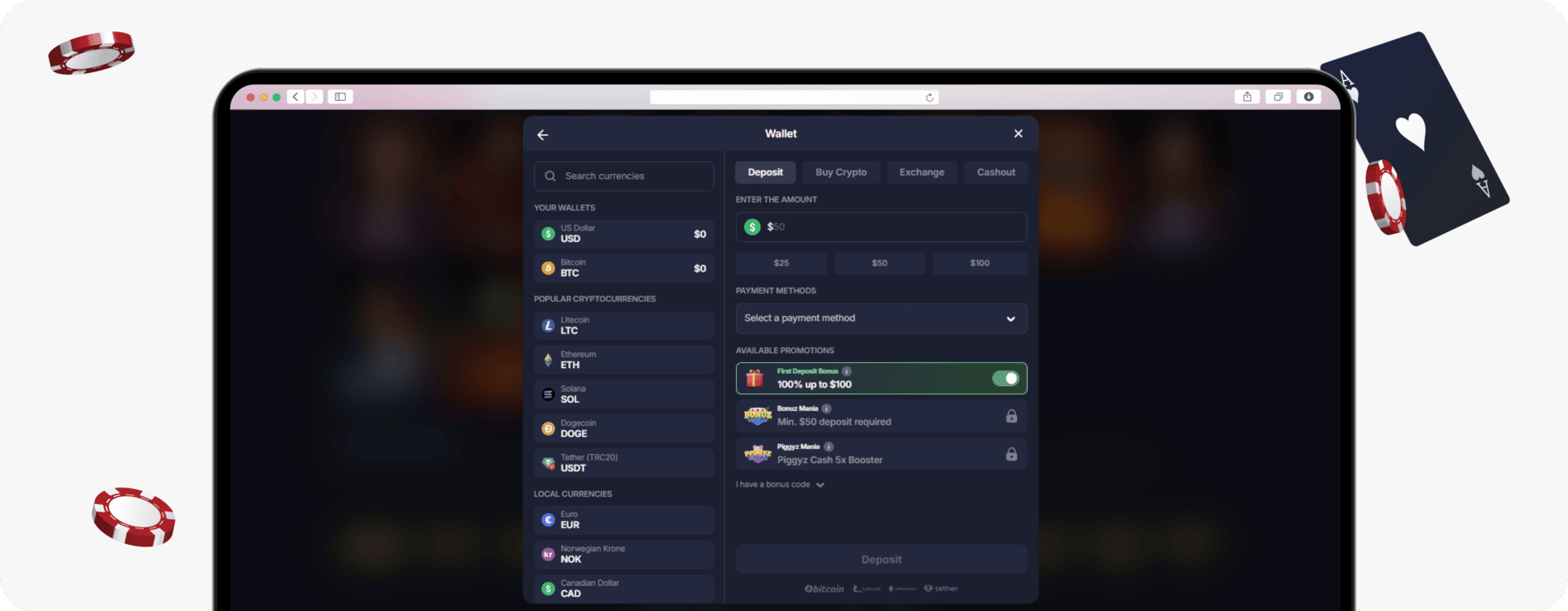 screenshot of bitstarz deposit section of wallet