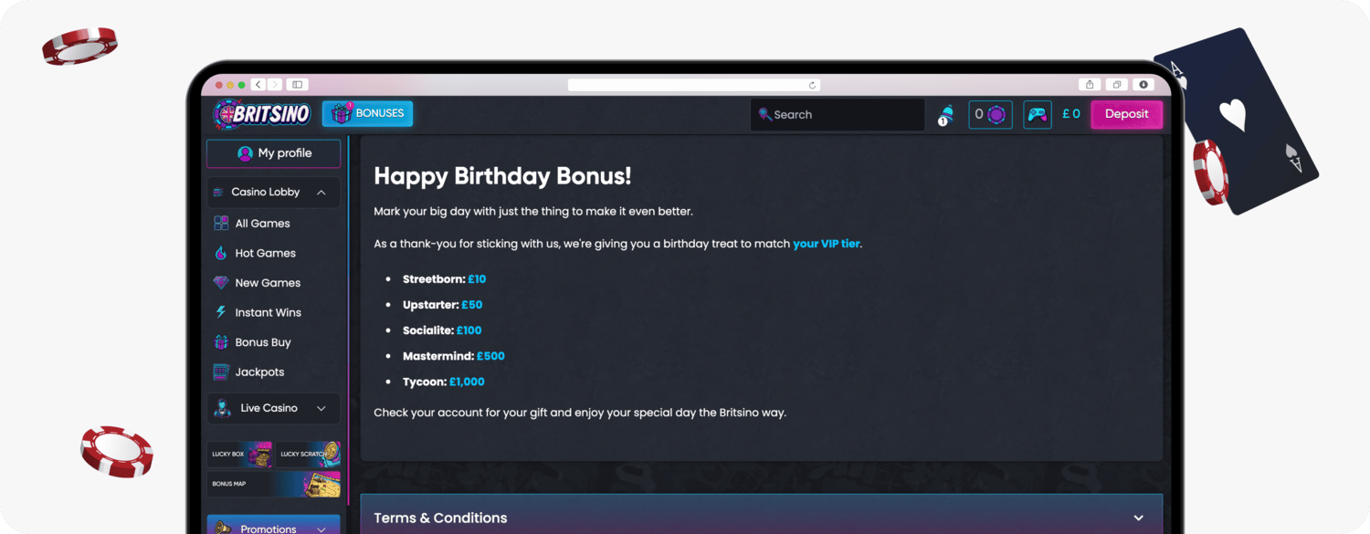 screenshot of britsino birthday bonus