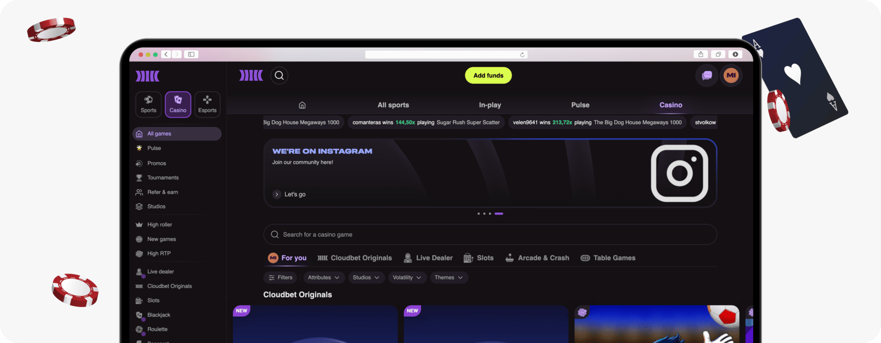 screenshot of cloudbet casino homepage