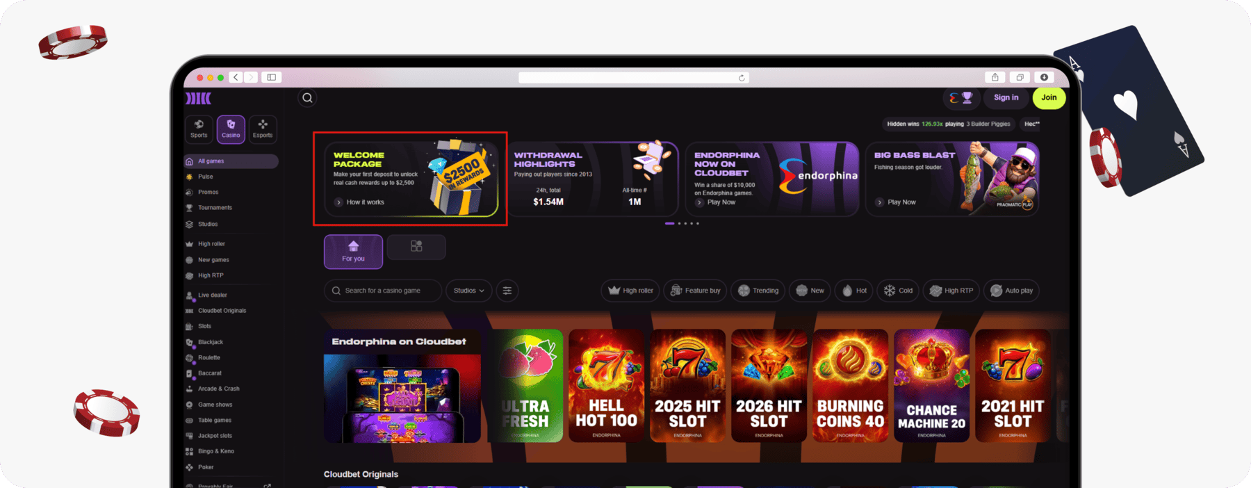 screenshot of cloudbet casino lobby showing welcome package