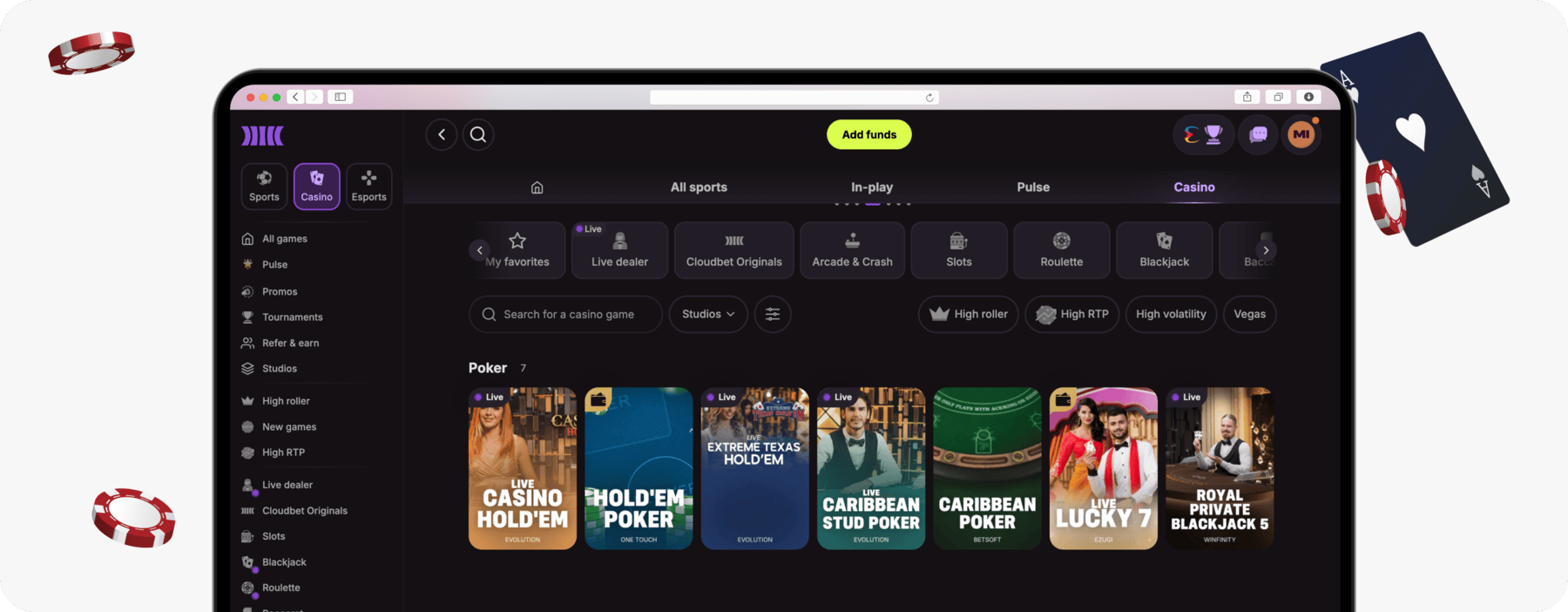 screenshot of cloudbet live poker games