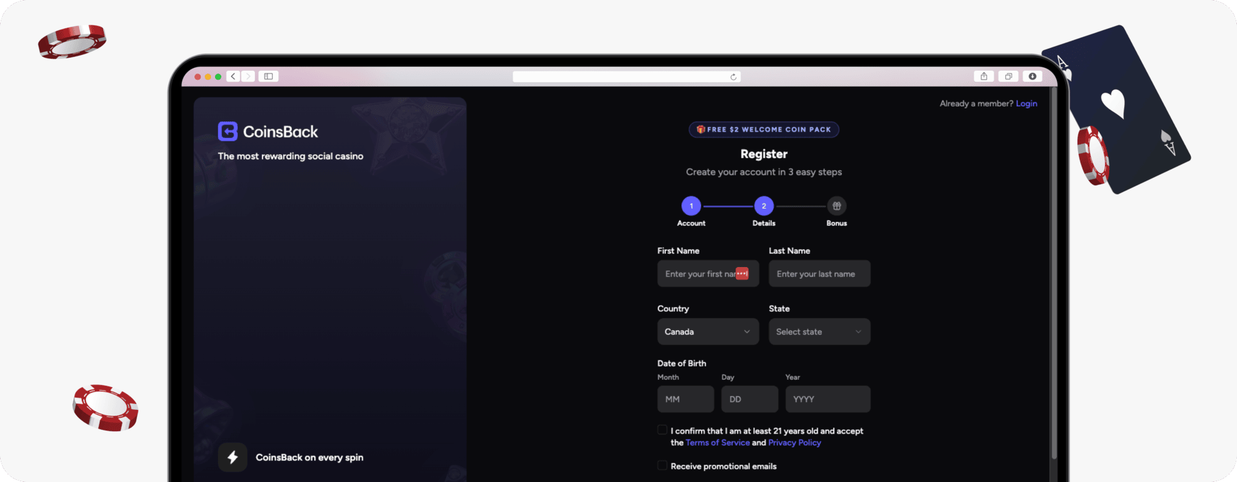 screenshot of coinsback canada registration form