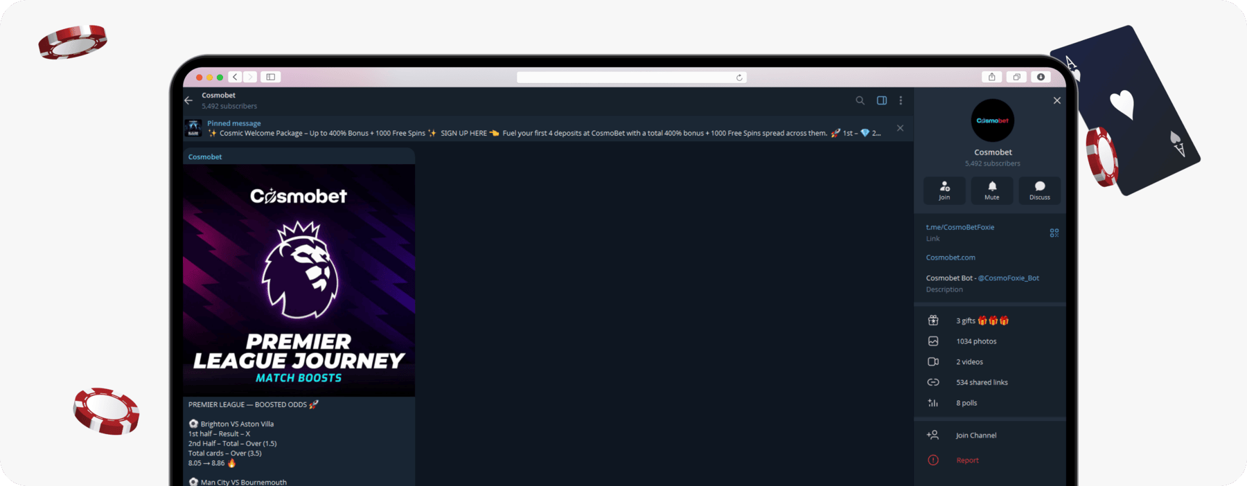 screenshot of cosmobet telegram channel