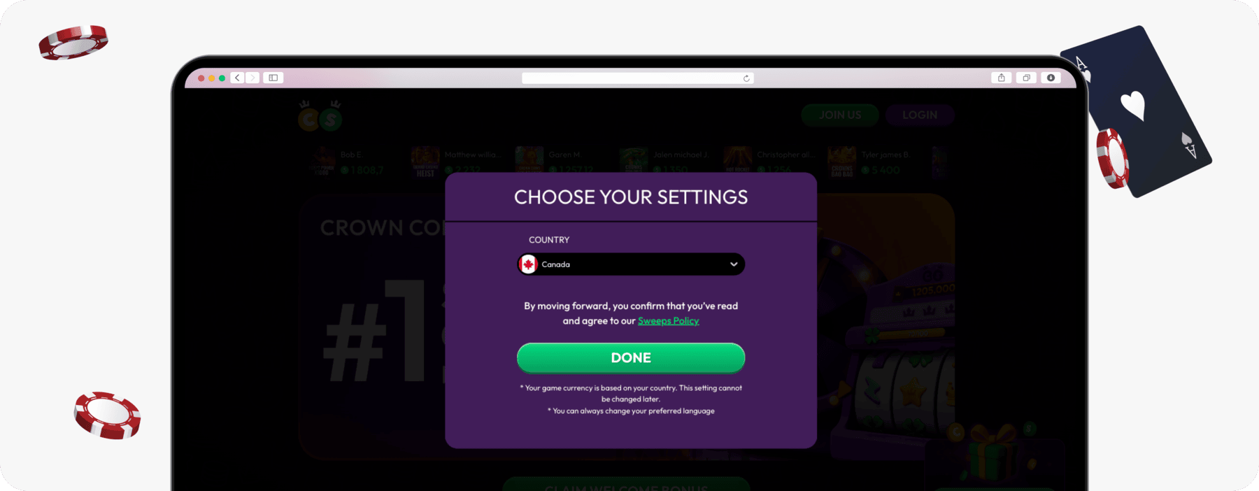 screenshot of crown coins canada country selection