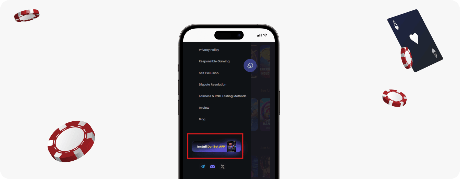 screenshot of donbet mobile menu with install app button