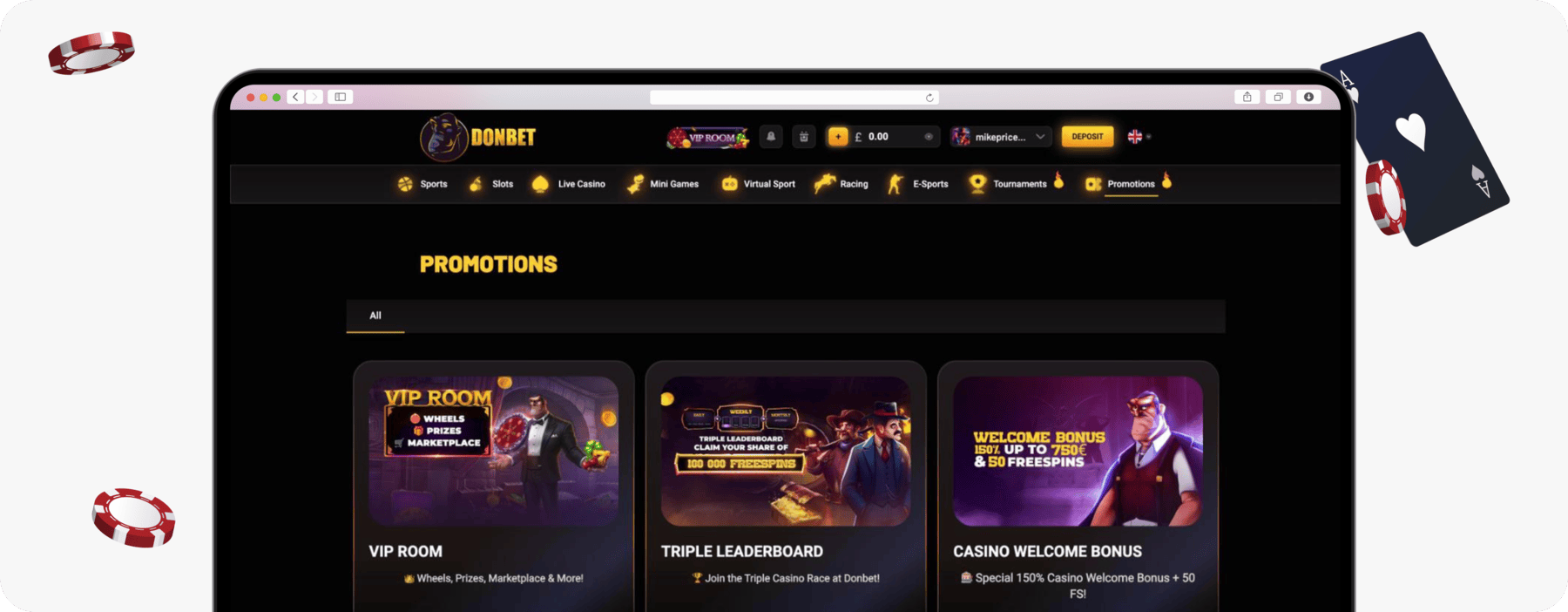 screenshot of donbet promotions page
