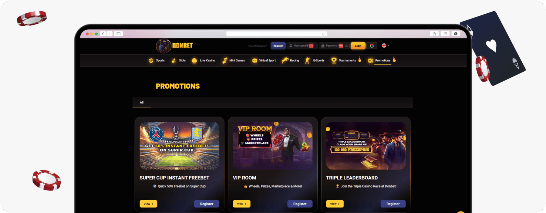 screenshot of donbet promotions page