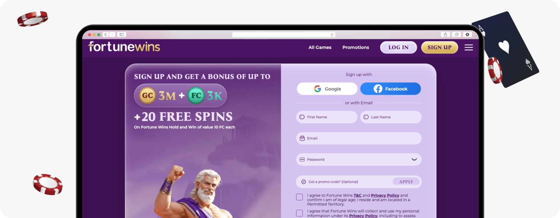 screenshot of fortune wins canada registration form