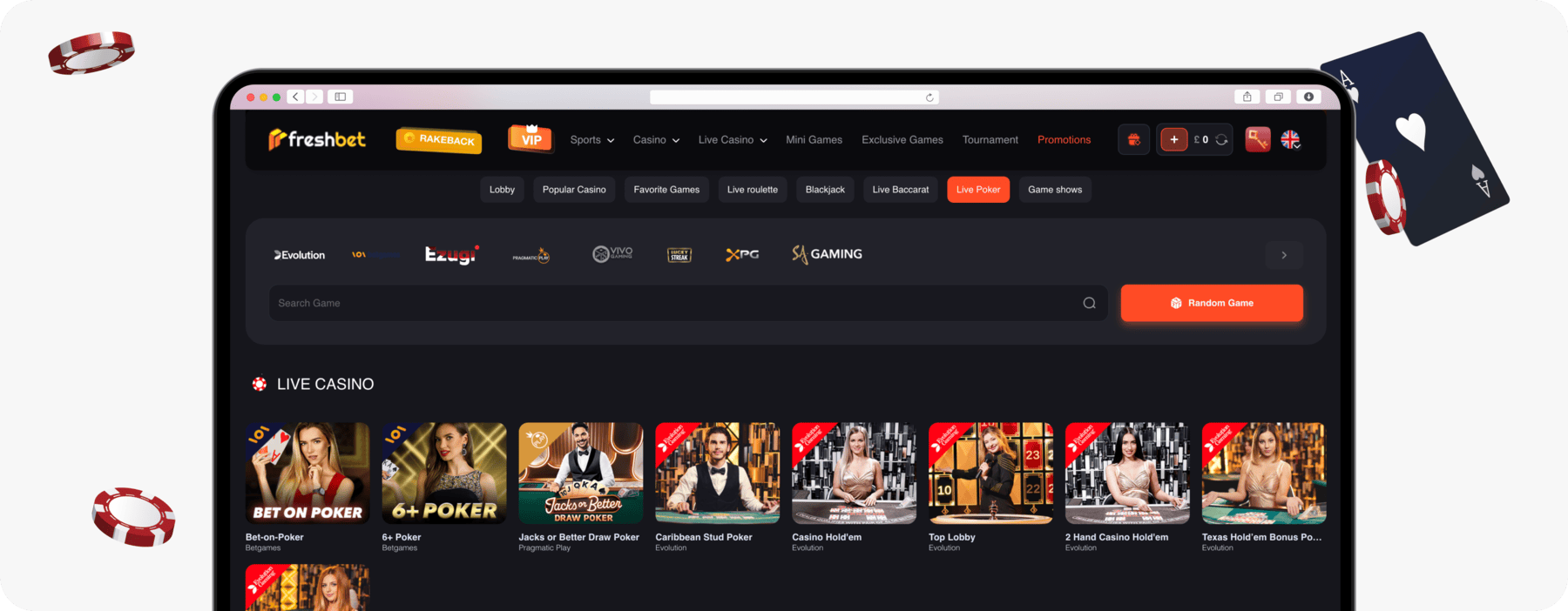 screenshot of freshbet live poker games