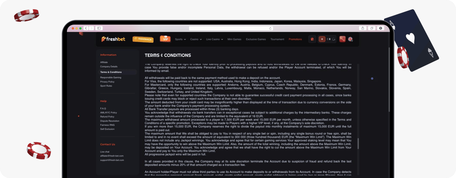 screenshot of freshbet terms including withdrawal limits