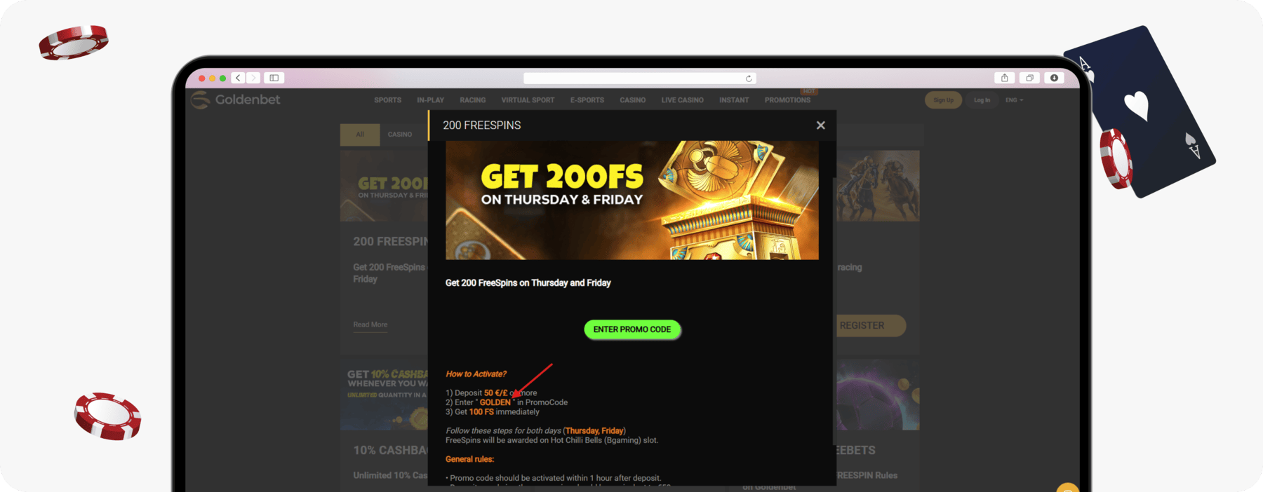 screenshot of goldenbet 200 free spins bonus