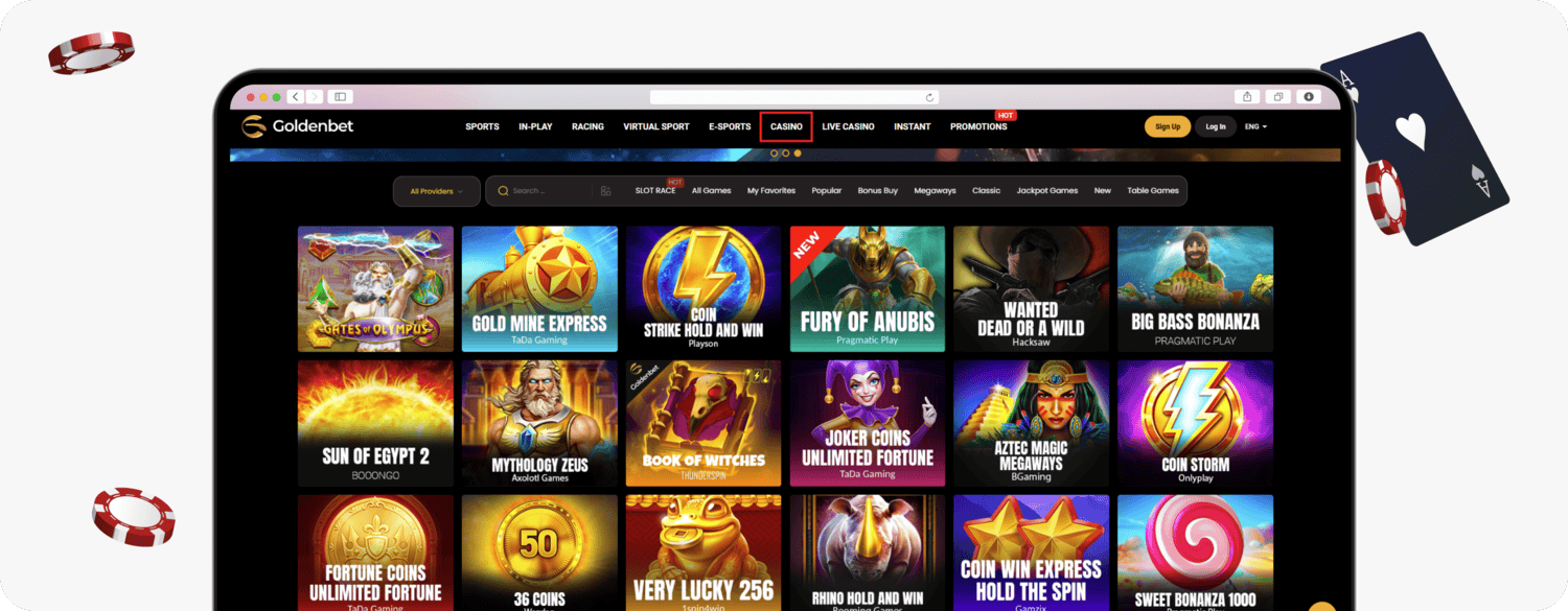 screenshot of goldenbet casino slots library