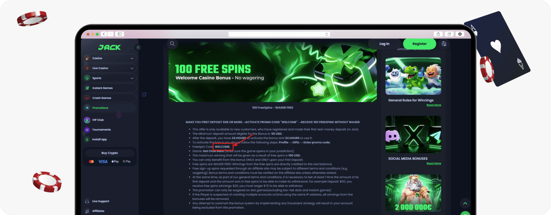 screenshot of jack casino 100 free spins welcome bonus
