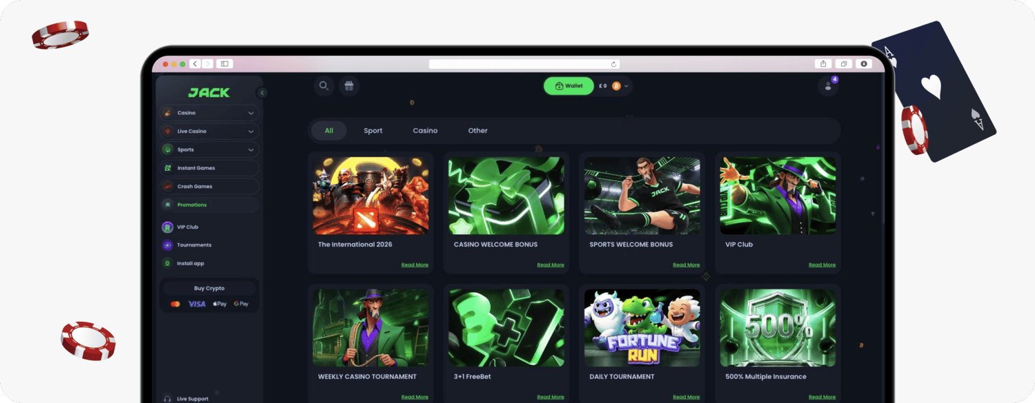 screenshot of jack casino promotions page