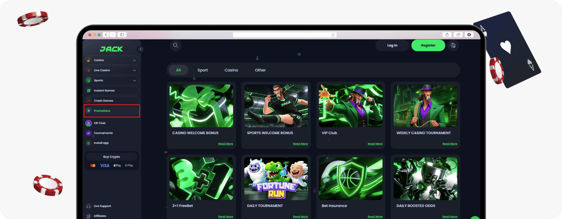 screenshot of jack casino promotions page
