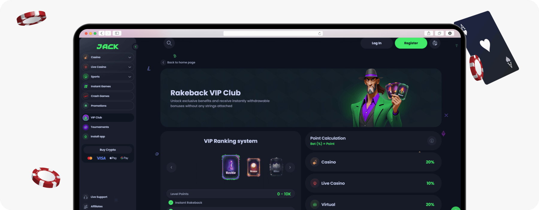 screenshot of jack casino rakeback vip club