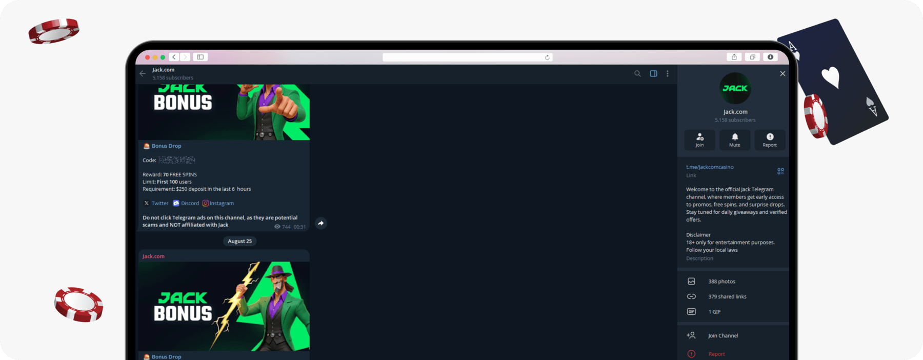 screenshot of jack casino telegram channel