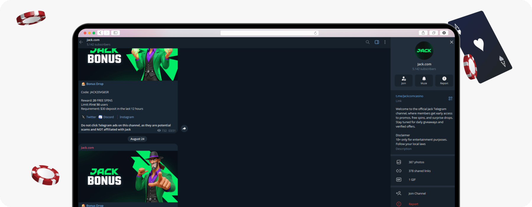 screenshot of jack casino telegram channel