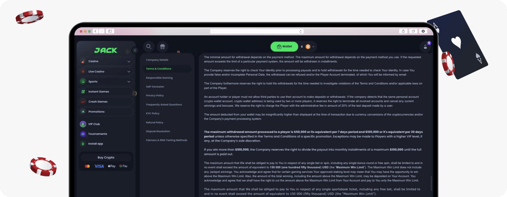 screenshot of jack terms including withdrawal limits