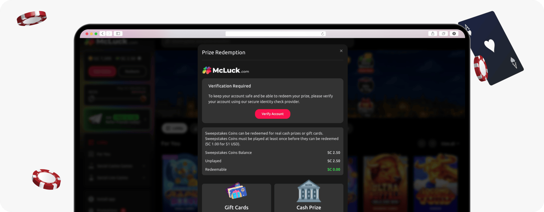 screenshot of mcluck prize redemption info