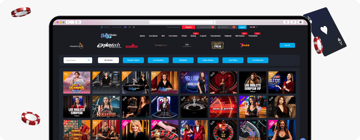 screenshot of mystake live casino games