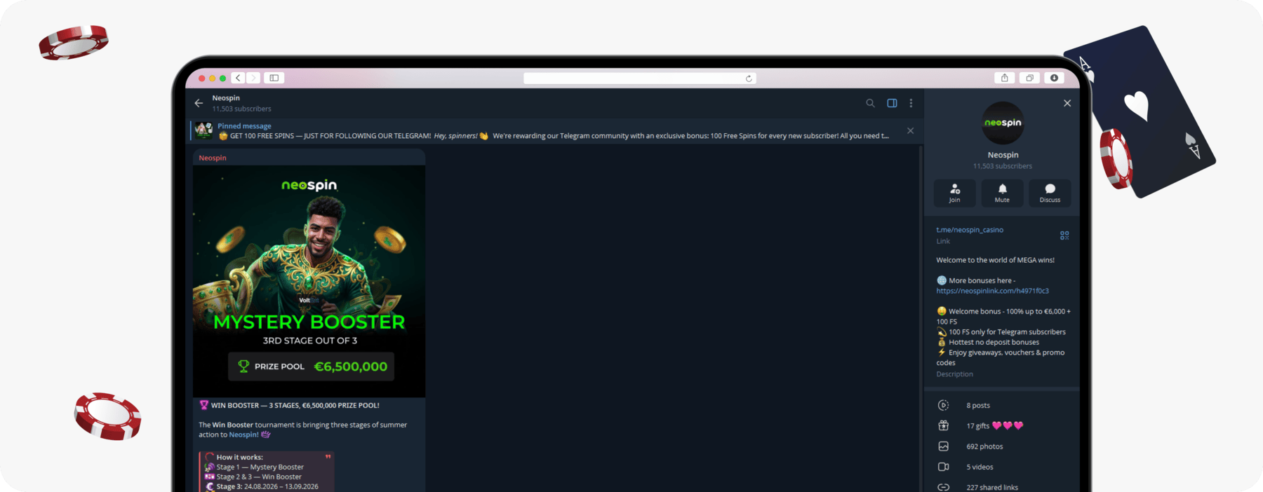 screenshot of neospin telegram channel