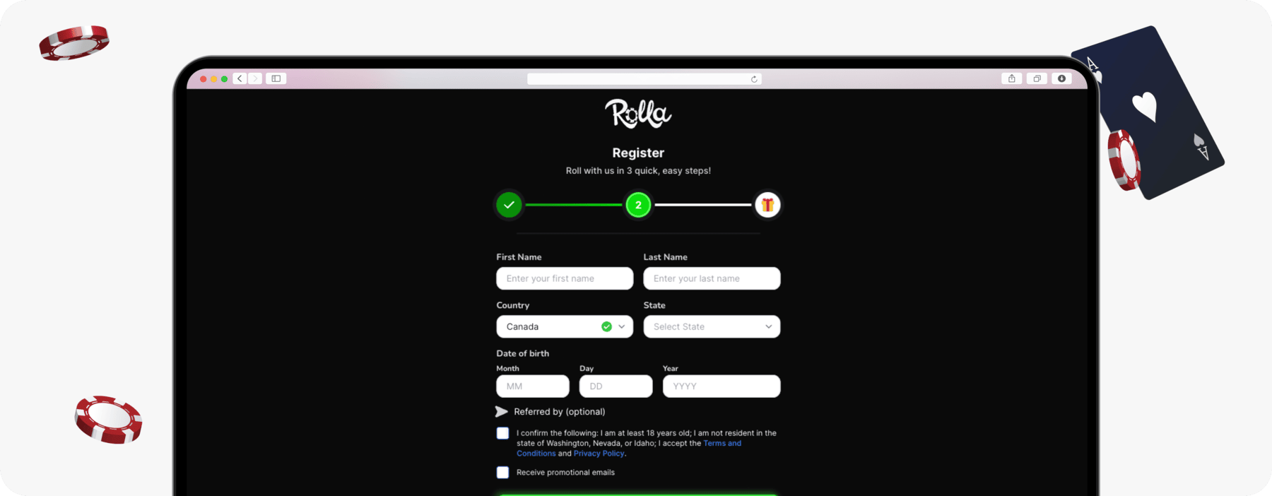 screenshot of rolla canada registration form