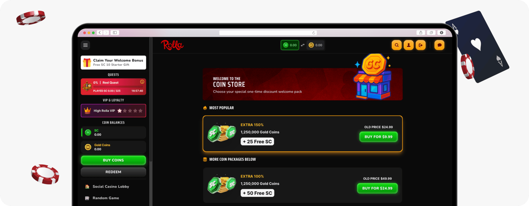 screenshot of rolla gold coins and sweeps coins