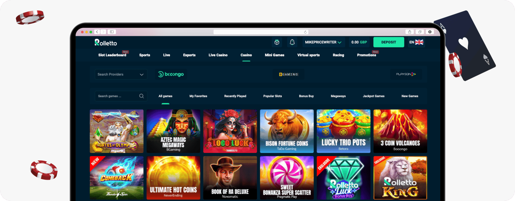 screenshot of rolletto casino slots library