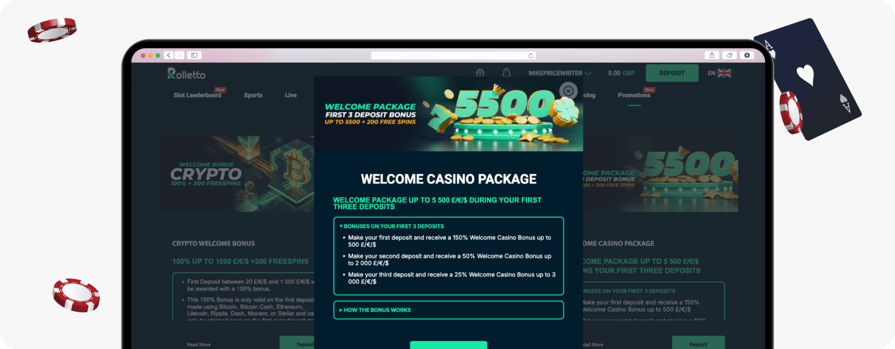 screenshot of rolletto casino welcome package