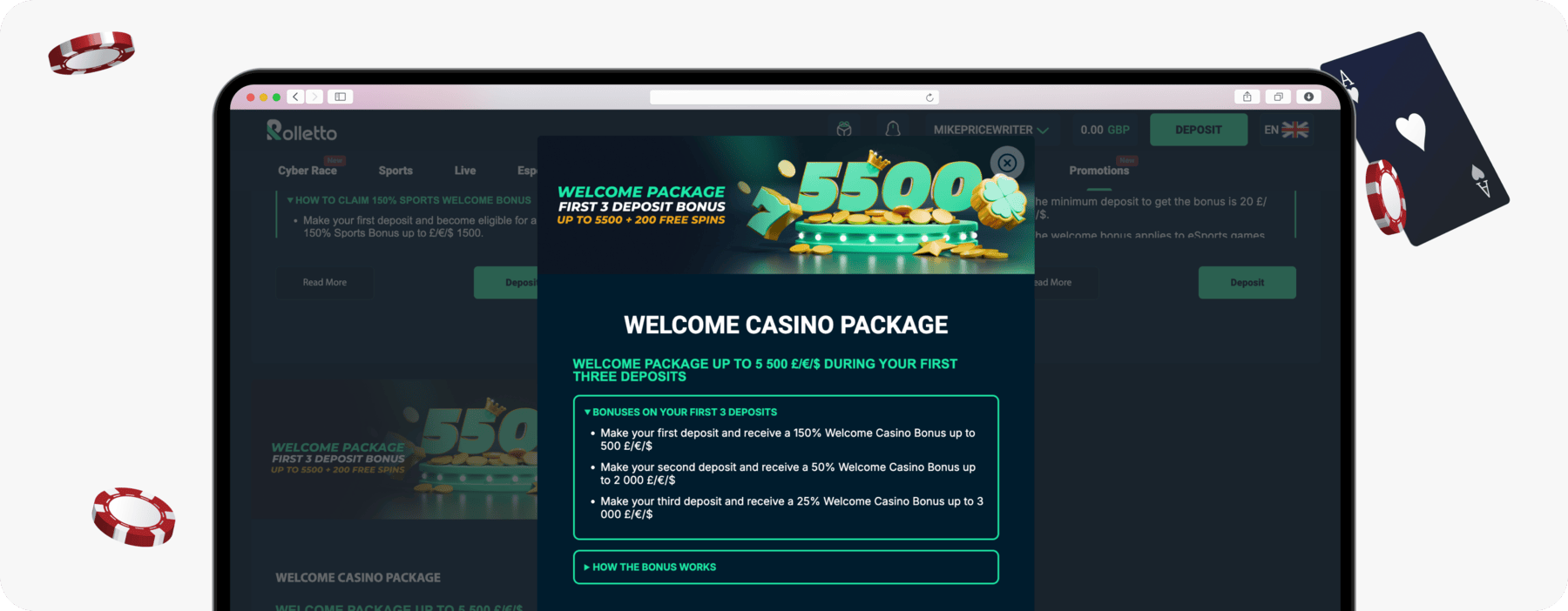 screenshot of rolletto casino welcome package