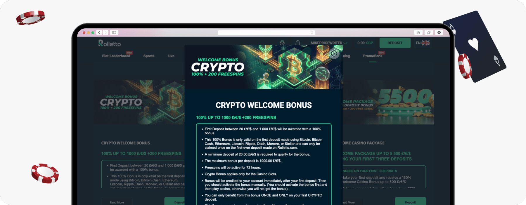 screenshot of rolletto crypto welcome bonus