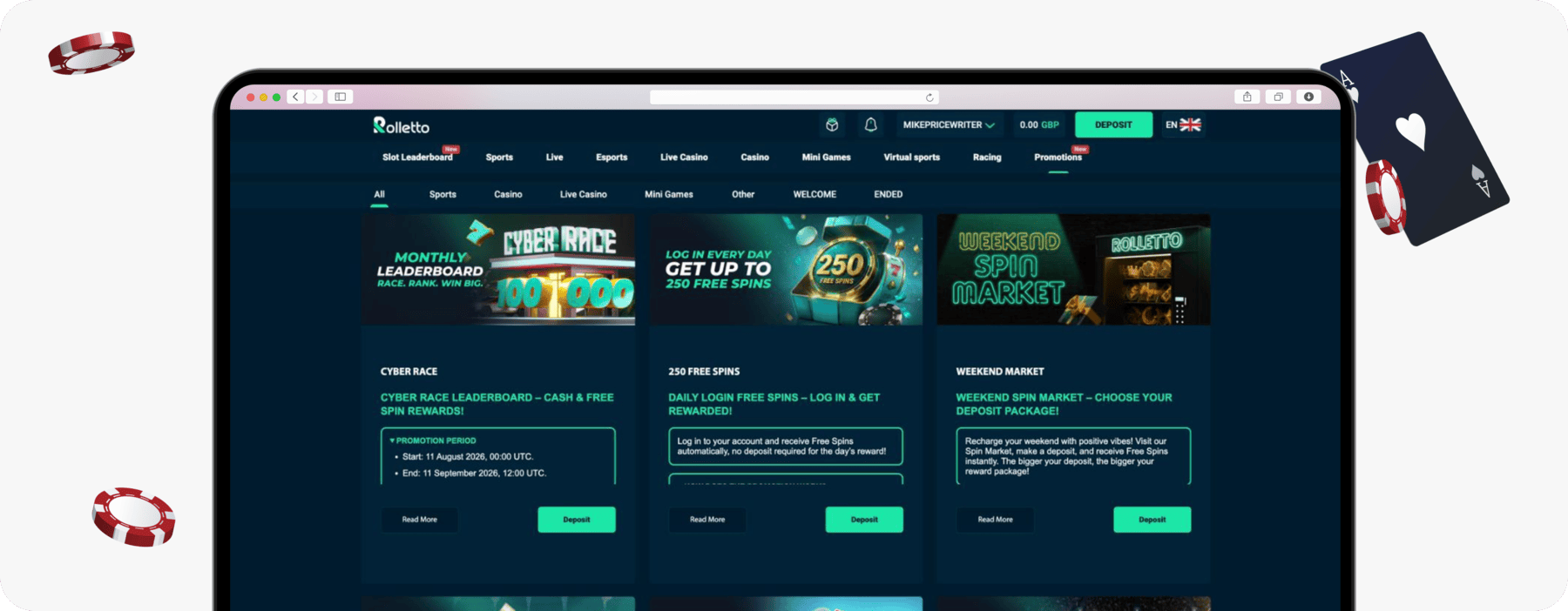 screenshot of rolletto daily free spins offer