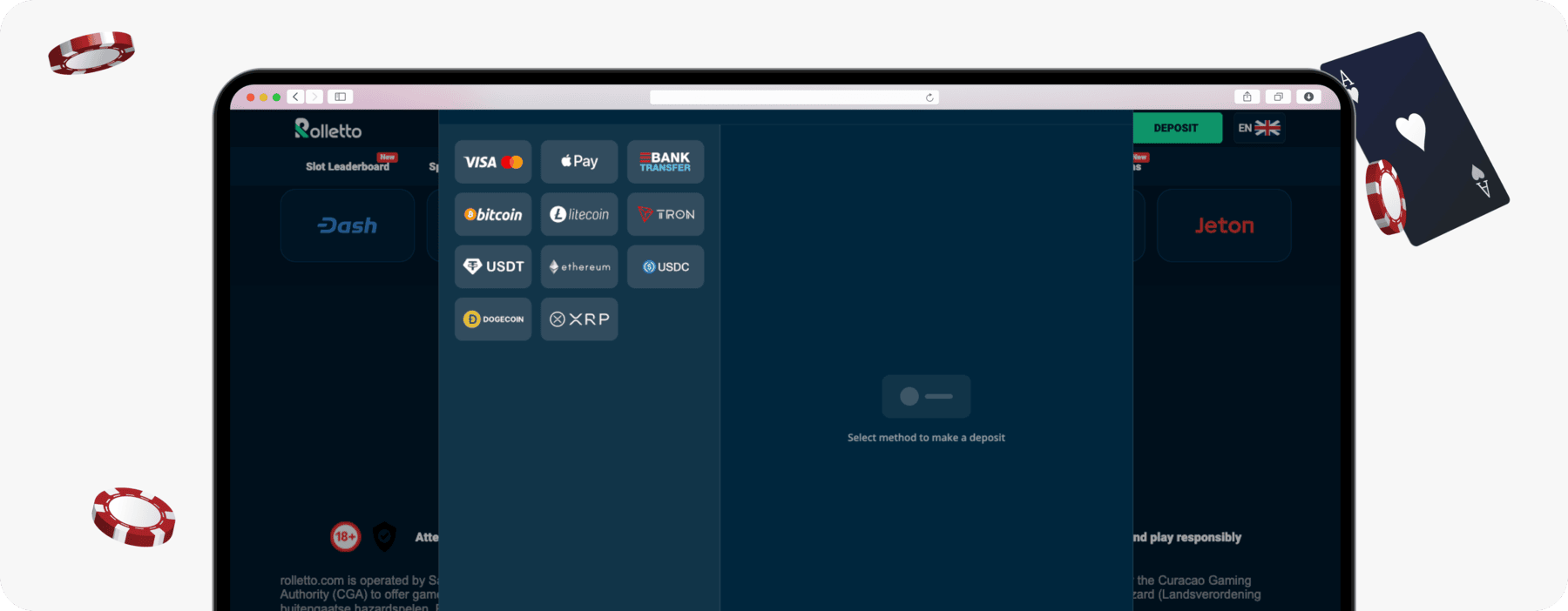 screenshot of rolletto deposit methods