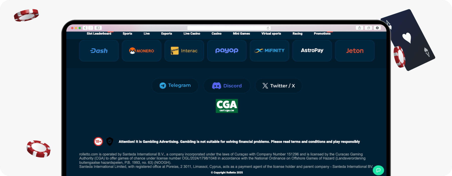 screenshot of rolletto website footer with licence information